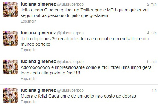  Luciana Gimenez se estressa com seguidor que a corrige no Twitter