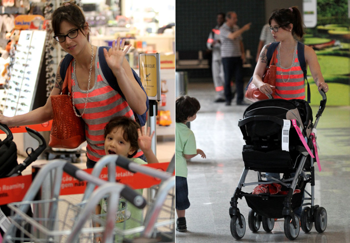 Filho de Mel Lisboa dá “tchau” para paparazzo em aeroporto no Rio