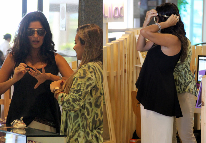 Juliana Paes se diverte escolhendo bijus em shopping no Rio