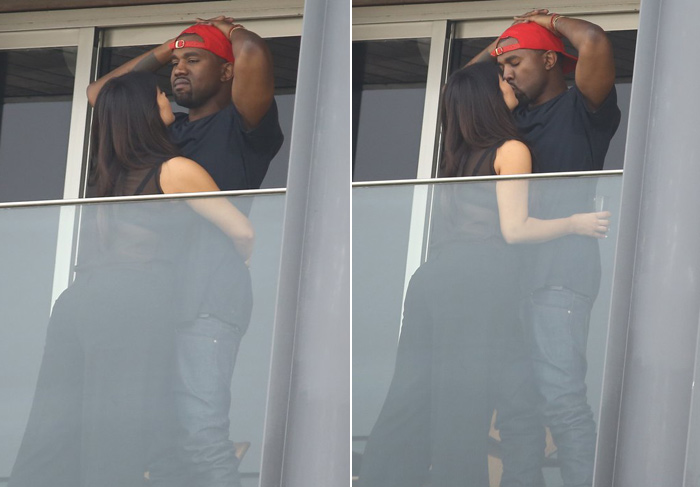 Kim Kardashian e Kanye West namoram em sacada de hotel no Rio