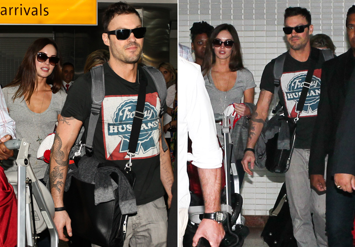  Megan Fox desembarca em São Paulo com o marido e o filho