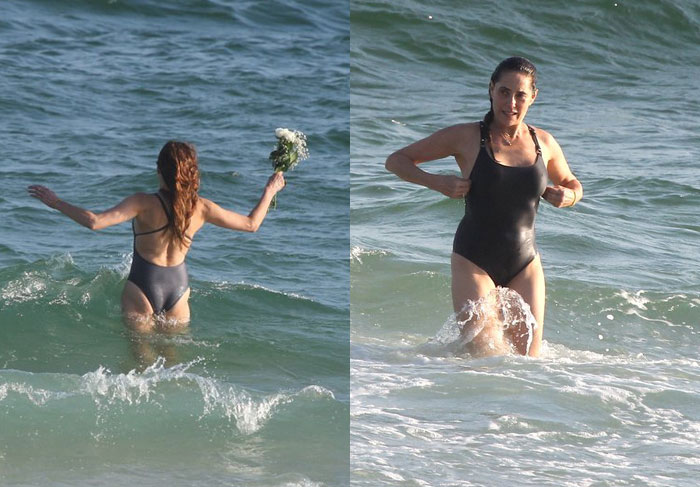 Christiane Torloni joga oferenda no mar no dia de seu aniversário