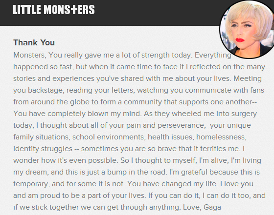 Lady Gaga posta carta de agradecimento a seus fãs