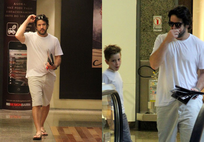 Murilo Benício passeia com seu filho em um shopping da Barra