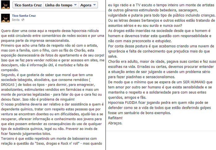 Tico Santa Cruz solta o verbo e chama a sociedade de hipócrita em texto sobre Chorão