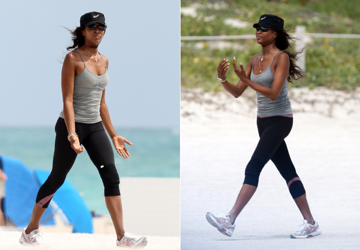 Naomi Campbell se exercita em praia de Miami
