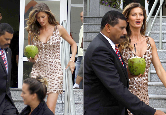 Gisele Bündchen deixa evento tomando água de coco