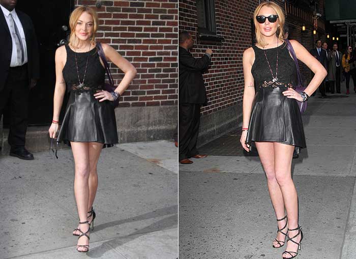 Lindsay Lohan vai de saia curtinha a programa de David Letterman