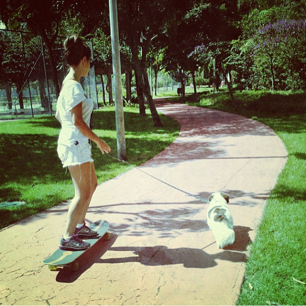 VERA Giovanna Lancellotti passeia de skate com seu cachorro
