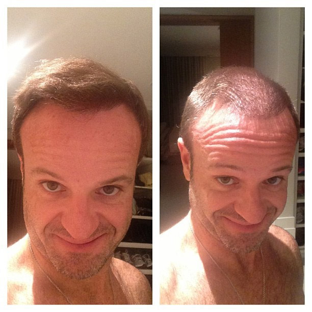 Rubens Barrichello perde aposta e raspa os cabelos