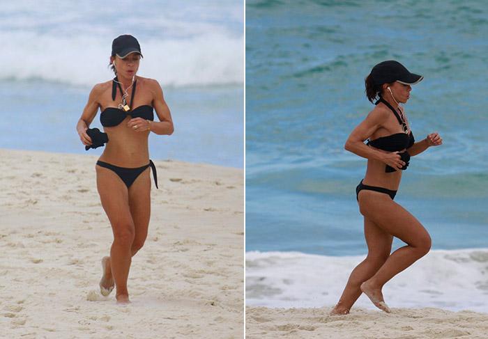 Carla Marins exibe a boa forma em corrida na praia