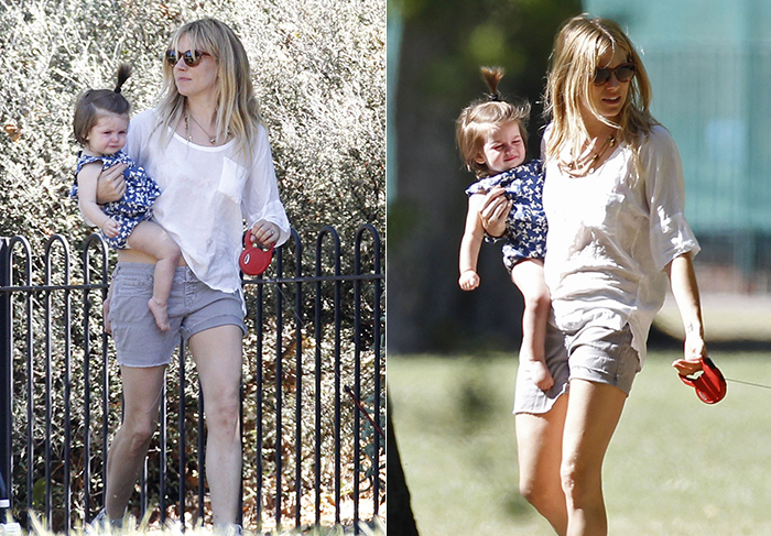 Sienna Miller exibe a boa forma durante passeio com a filha