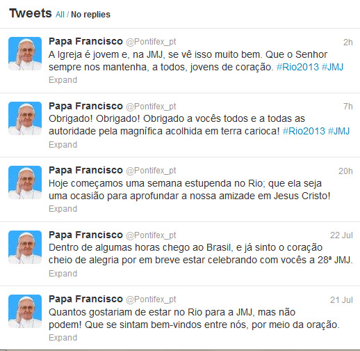 Pelo Twitter, Papa Francisco agradece pela “magnífica acolhida em terra carioca”