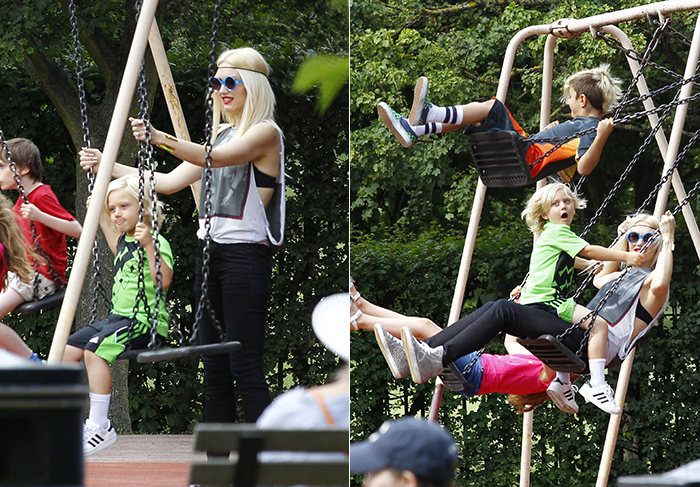 Gwen Stefani se diverte com os filhos em balanço de parque em Londres