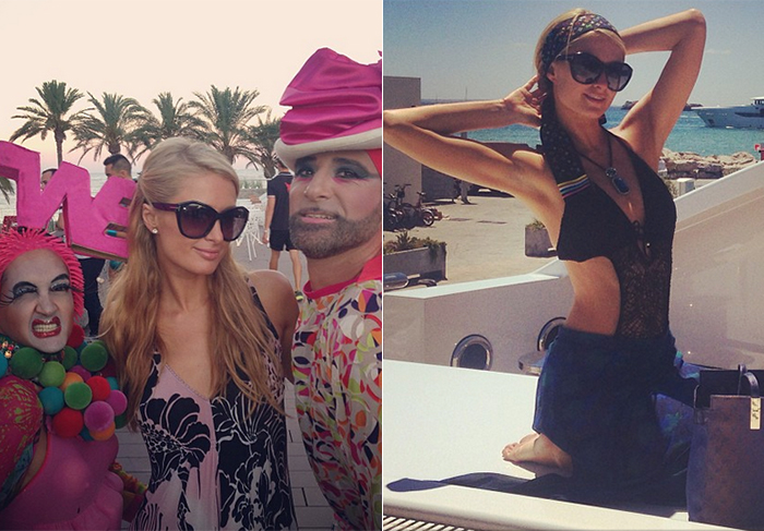 Paris Hilton posa com fantasiados em festa de Ibiza