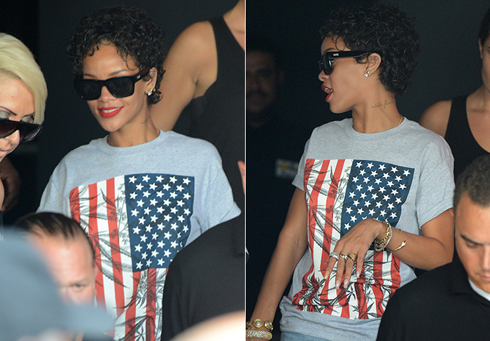 Rihanna usa camiseta com bandeira dos EUA para ir à balada
