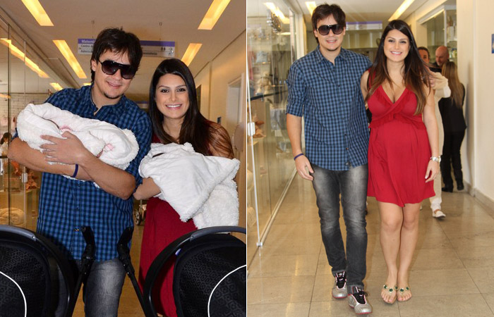 Natália Guimarães e Leandro levam as gêmeos para casa