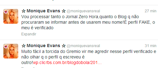 Monique Evans: “Jamais usaria o Twitter para detonar torcedores do Grêmio”