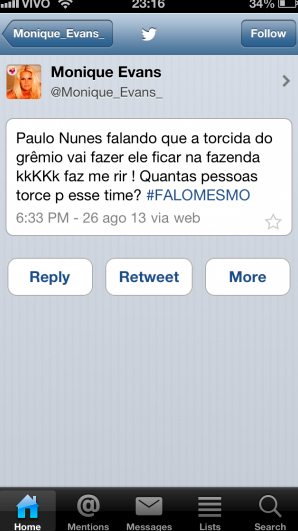 Monique Evans: “Jamais usaria o Twitter para detonar torcedores do Grêmio”