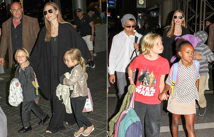 Angelina Jolie e os seis filhos circulam no aeroporto de Los Angeles