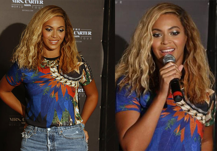 De shortinho, Beyoncé participa de coletiva antes de show em Fortaleza. Veja fotos em O Fuxico!