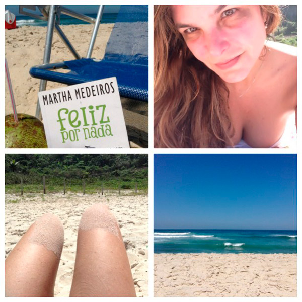 Cristiana Oliveira relaxa no mar com leitura e água de coco