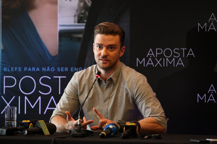 Justin Timberlake recebe a imprensa para falar de filme, no Rio
