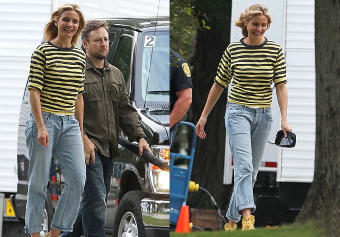 Cameron Diaz sua a camisa nos bastidores de filmagem de seu novo longa