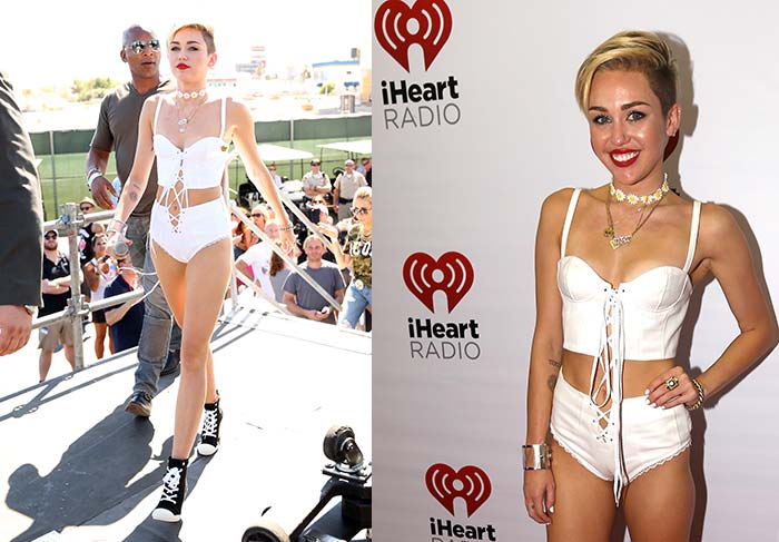 Miley Cyrus canta com seios à mostra, adesivo nos mamilos e microfone banana