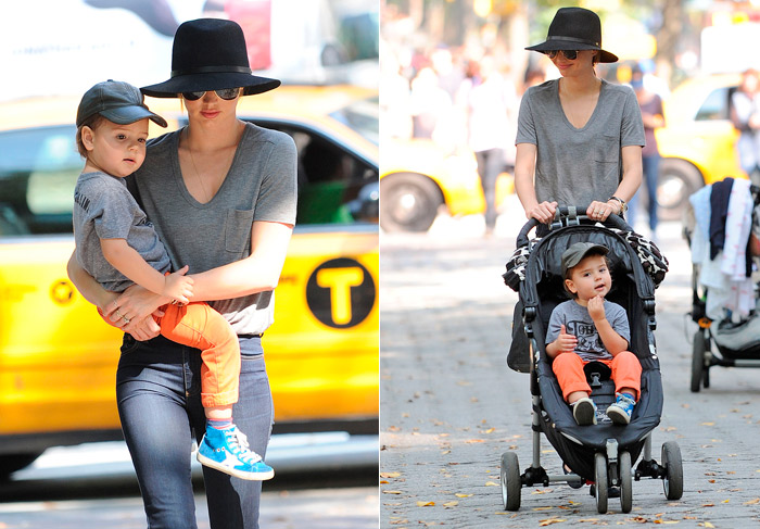 Miranda Kerr passeia de chapelão na companhia de seu filho Flynn