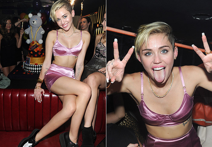Miley Cyrus vai à balada em Nova York de saia e sutiã