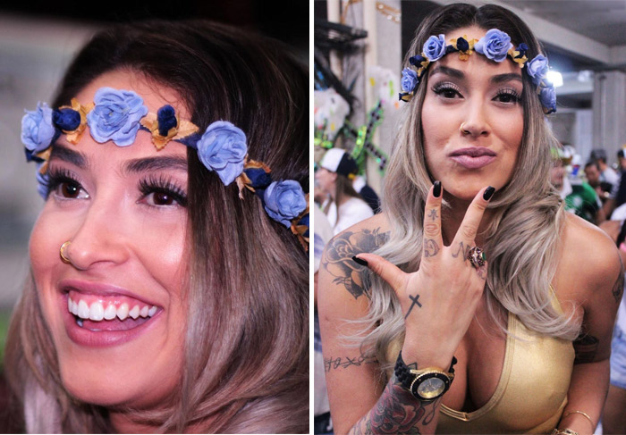 Dani Bolina usa flores na cabeça em ensaio de escola de samba