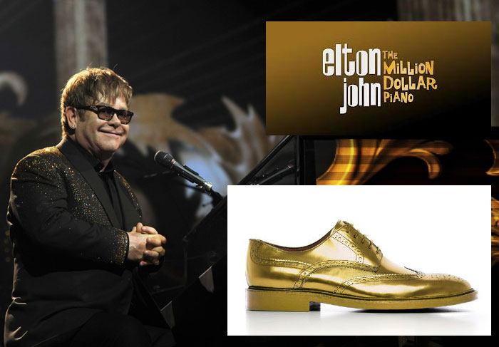 A marca de calçado italiana Geox e o designer Patrick Cox se associaram para criar sapatos exclusivos para Elton John usar em suaturnê The Million Dollar Pianom apresentada no Caesar’s Palace Hotel, em Las Vegas.