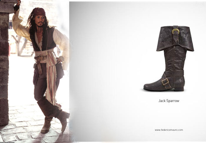 O capitão Jack Sparrow de Piratas do Caribe e suas botas resistentes