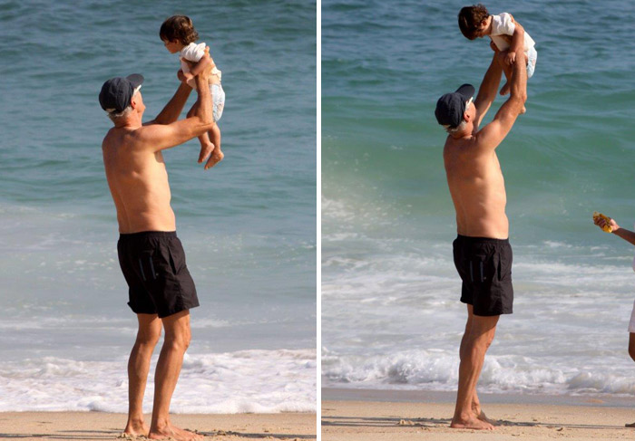 Marcos Caruso se diverte com a neta, Clarice, na praia