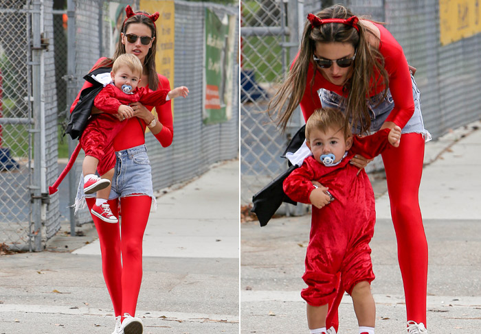 Alessandra Ambrósio e o filho se vestem de diabinho para festa de Halloween