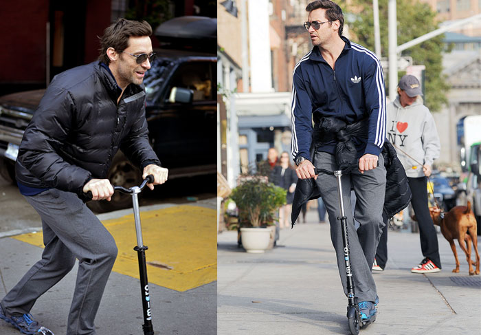 Hugh Jackman vai para a academia de patinete