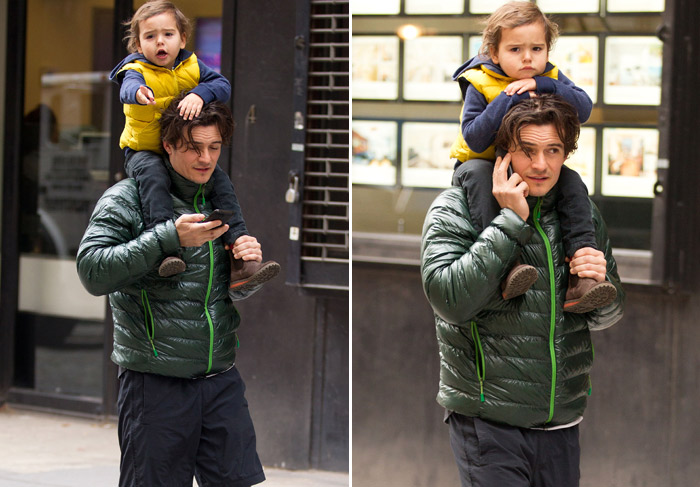 Filho de Orlando Bloom faz cara feia durante passeio