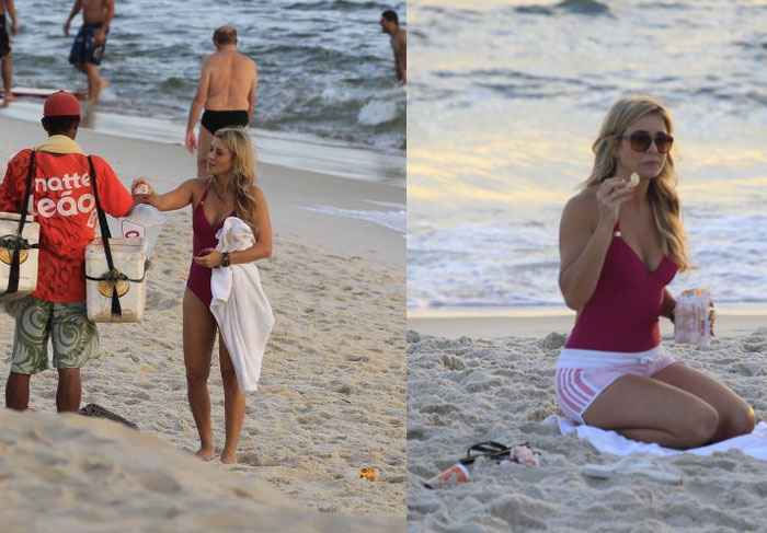 Christine Fernandes aproveita o feriado para ir à praia com o filho