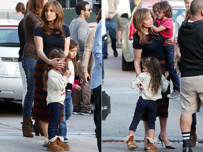 Filhos visitam Jennifer Lopez em set de filmagem