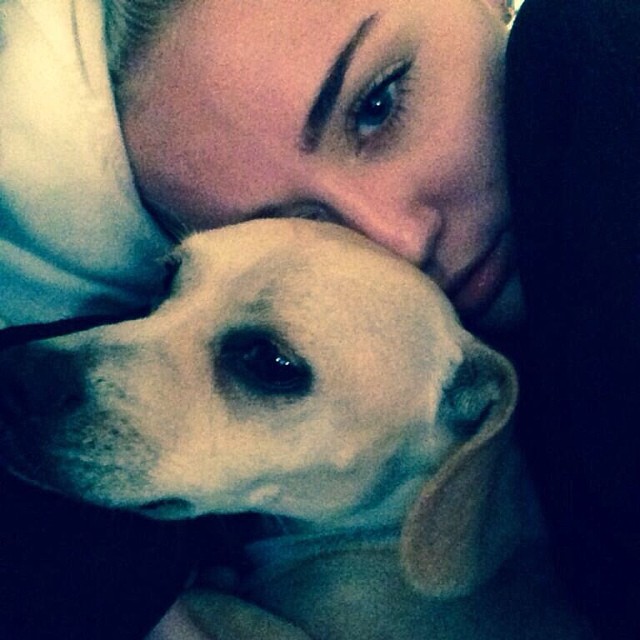 Miley Cyrus dorme mais cedo, ao lado de seu cachorro