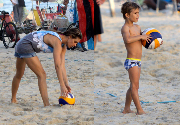 Fernanda Lima curte o pôr do sol na praia, com o filho