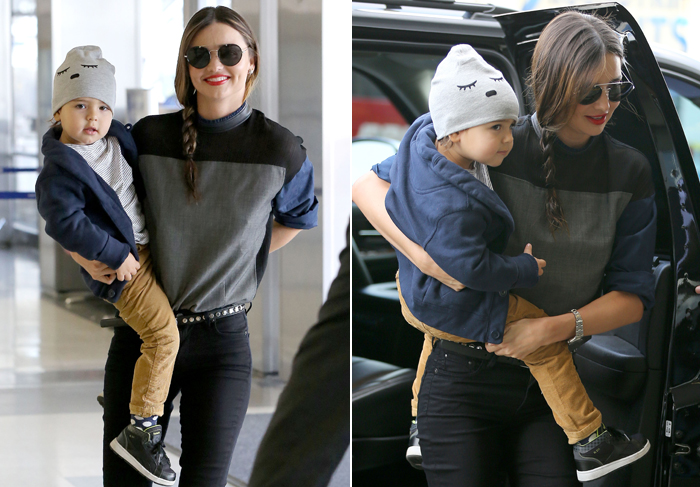 Miranda Kerr esbanja simpatia com o filho no aeroporto de LA