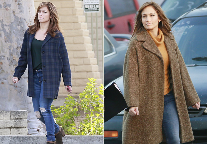 Jennifer Lopez se protege do frio em set de filmagem