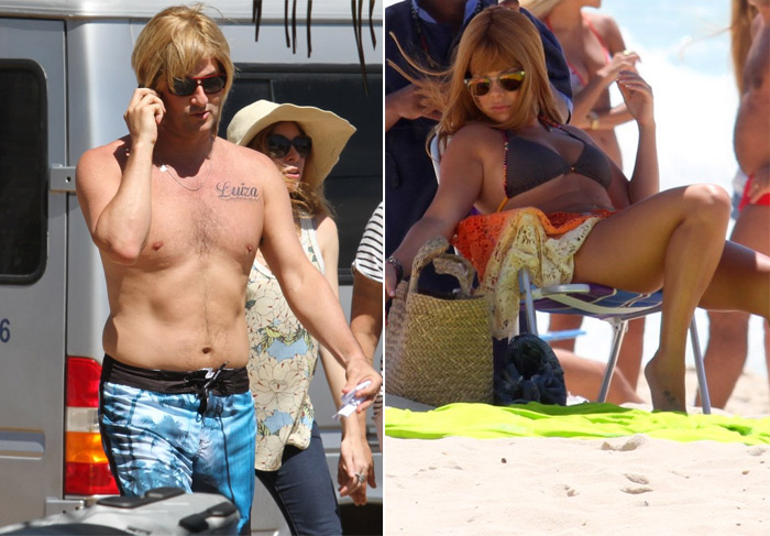 Marcelo Serrado e Fernanda Souza vão à praia de peruca