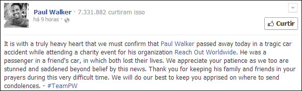 Representantes usam Facebook de Paul Walker para falar da morte do ator