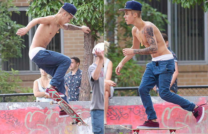 Justin Bieber arrepia nas manobras em rampa de skate, em Sidney