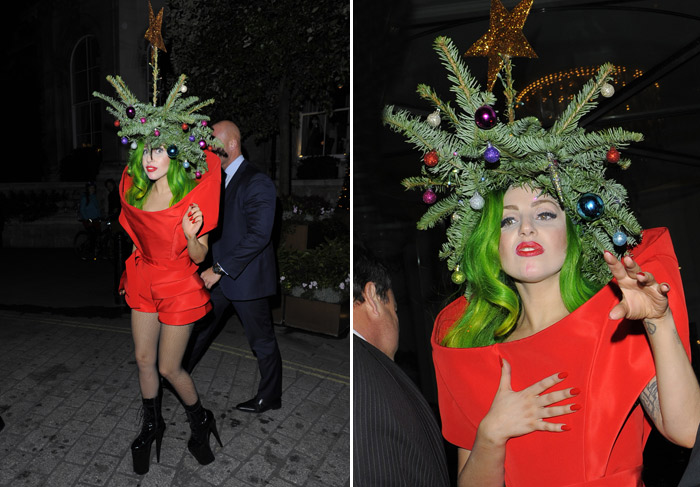 Lady Gaga usa espécie de chapéu em formato de árvore de Natal