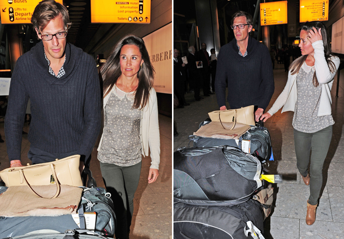 Pippa Middleton volta de viagem cheia de malas com o namorado 