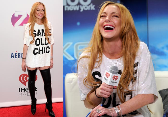 Lindsay Lohan usa figurino comportado durante show em Nova York